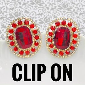 Large Red Rhinestone Formal Clip On Statement Earrings